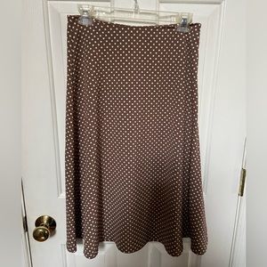 NY&CO tan with white polka-dot, mid-calf skirt. Size 2.